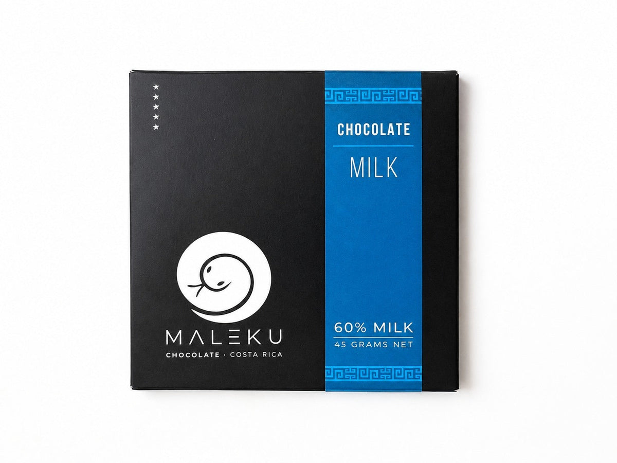 A rectangular package of Maleku 60% Milk Chocolate, featuring a black upper half with a white circular logo and a bright blue lower half with white text, set against a plain white background.