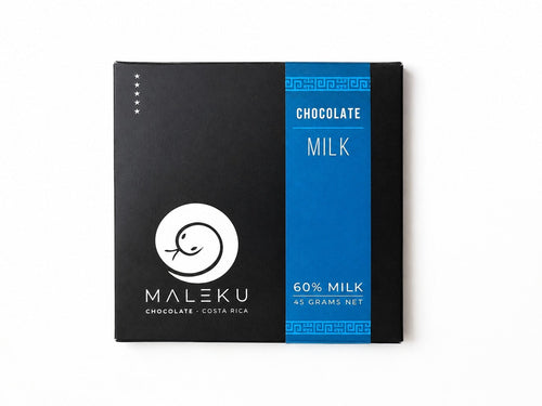 A rectangular package of Maleku 60% Milk Chocolate, featuring a black upper half with a white circular logo and a bright blue lower half with white text, set against a plain white background.